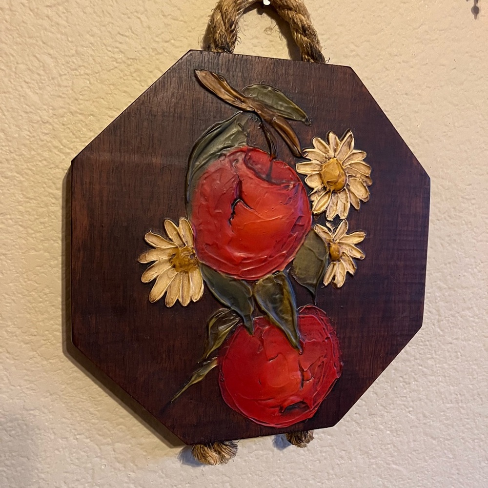 Wooden Wall Art with Red Apples and Flowers